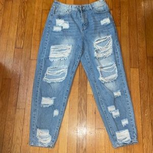 Denim blue, baggy ripped jeans